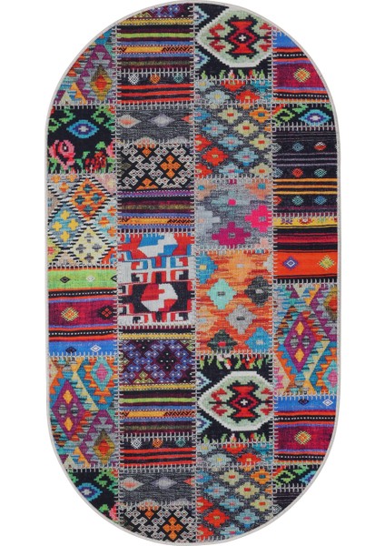 Dijidekor 9010 Patchwork Temalı Saçaksız Dijital Oval Halı Kaymaz Yıkanabilir Iskandinav Yolluk 40X60