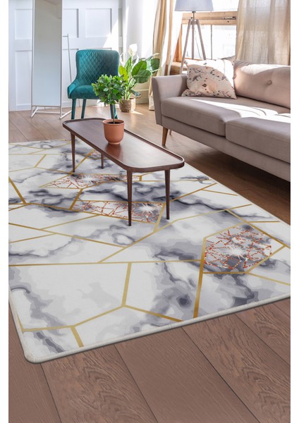 Dijidekor Gold Kristal Saçaksız Dijital Halı Kaymaz Yıkanabilir Iskandinav Yolluk 80X550