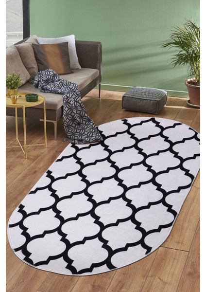 Maça Beyaz Saçaksız Dijital Oval Halı Kaymaz Yıkanabilir Iskandinav Yolluk 160X600