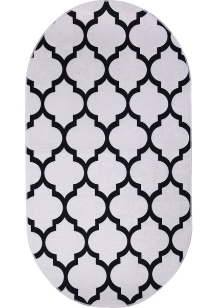 Maça Beyaz Saçaksız Dijital Oval Halı Kaymaz Yıkanabilir Iskandinav Yolluk 160X600