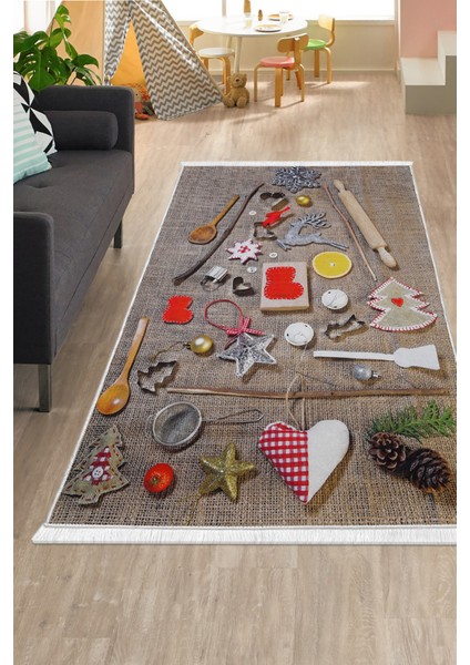 Dijidekor Kahve Mutfak Halısı Saçaklı Dijital Halı Kaymaz Yıkanabilir İskandinav 150 x 200 cm