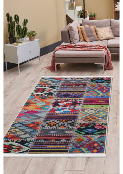 Dijidekor 9010 Patchwork Temalı Saçaklı Dijital Halı Kaymaz Yıkanabilir İskandinav Yolluk 40X60