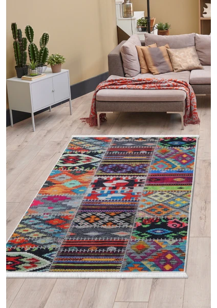 Diji Dekor Dijidekor 9010 Patchwork Temalı Saçaklı Dijital Halı Kaymaz Yıkanabilir İskandinav Yolluk 40X60