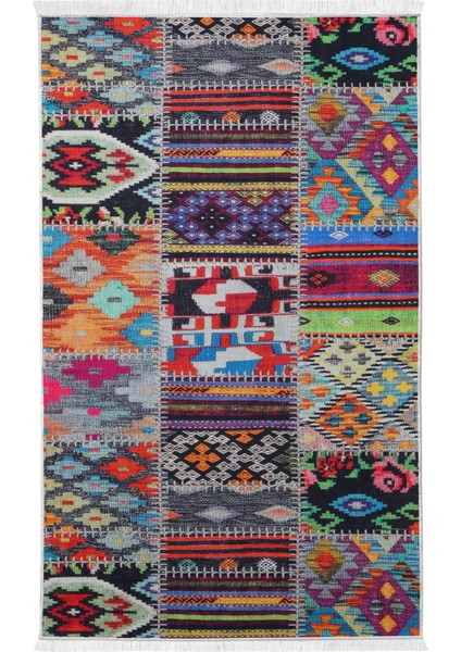 Dijidekor 9010 Patchwork Temalı Saçaklı Dijital Halı Kaymaz Yıkanabilir İskandinav Yolluk 40X60