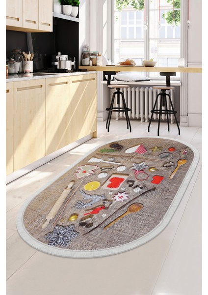 Dijidekor Kahve Mutfak Halısı Saçaklı Dijital Oval Halı Kaymaz Yıkanabilir Iskandinav 80X300