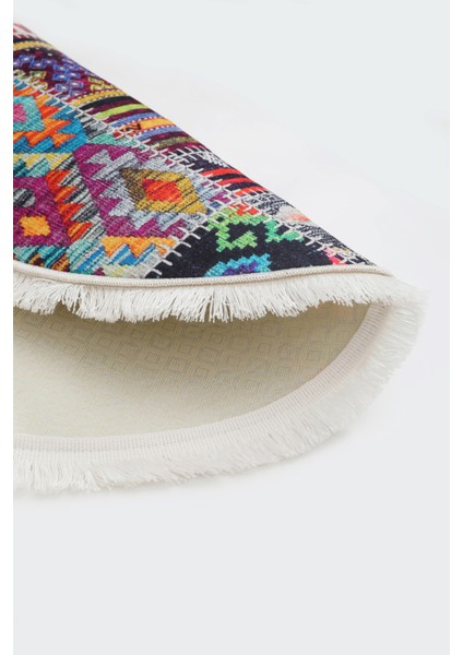 Dijidekor 9010 Patchwork Temalı Saçaklı Dijital Oval Halı Kaymaz Yıkanabilir Iskandinav Yolluk 100X50