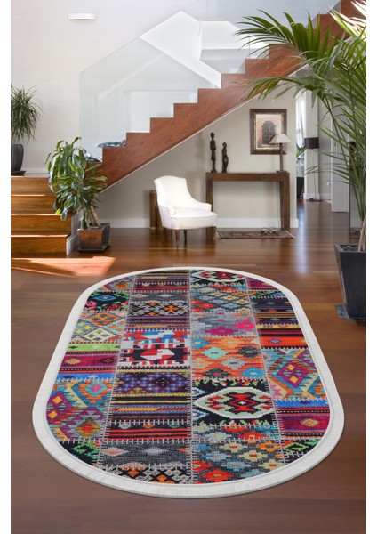 Dijidekor 9010 Patchwork Temalı Saçaklı Dijital Oval Halı Kaymaz Yıkanabilir Iskandinav Yolluk 200X450
