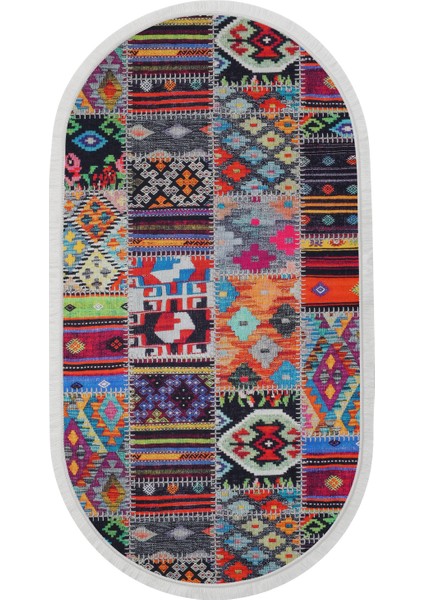 Dijidekor 9010 Patchwork Temalı Saçaklı Dijital Oval Halı Kaymaz Yıkanabilir Iskandinav Yolluk 200X450