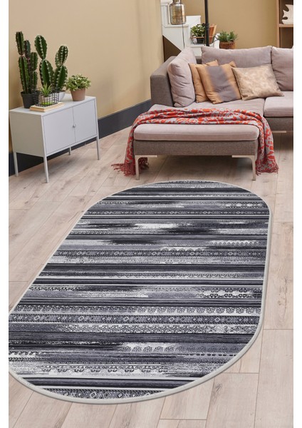Dijidekor Köln Gri Saçaksız Dijital Oval Halı Kaymaz Yıkanabilir İskandinav Yolluk 100X50