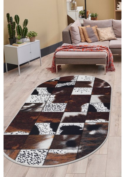 Dijidekor DR01 Kahve Saçaksız Dijital Oval Halı Kaymaz Yıkanabilir Iskandinav Yolluk 200X250
