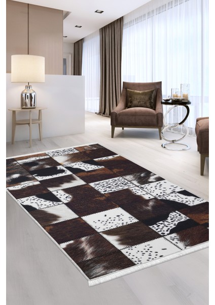 Dijidekor DR01 Kahve Saçaklı Dijital Halı Kaymaz Yıkanabilir Iskandinav Yolluk 100X50