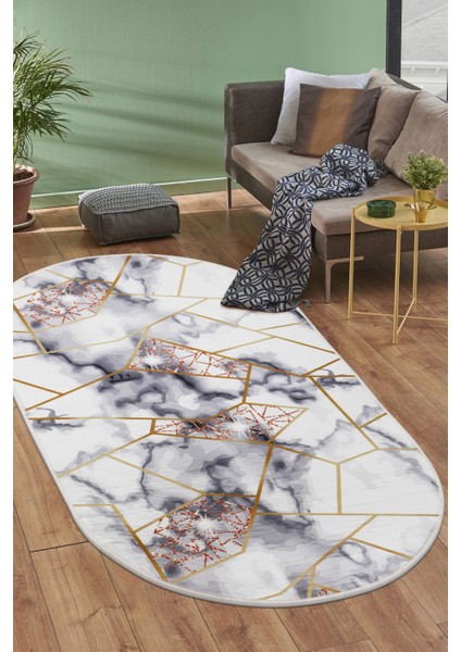Dijidekor Gold Kristal Saçaksız Dijital Oval Halı Kaymaz Yıkanabilir Iskandinav Yolluk 80X300