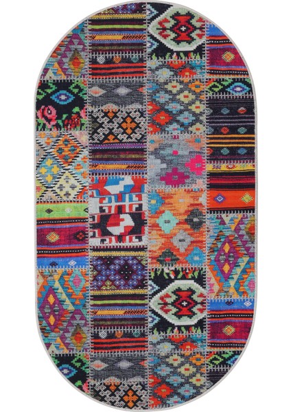Dijidekor 9010 Patchwork Temalı Saçaksız Dijital Oval Halı Kaymaz Yıkanabilir Iskandinav Yolluk 180X450