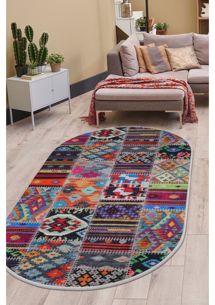 Dijidekor 9010 Patchwork Temalı Saçaksız Dijital Oval Halı Kaymaz Yıkanabilir Iskandinav Yolluk 180X450