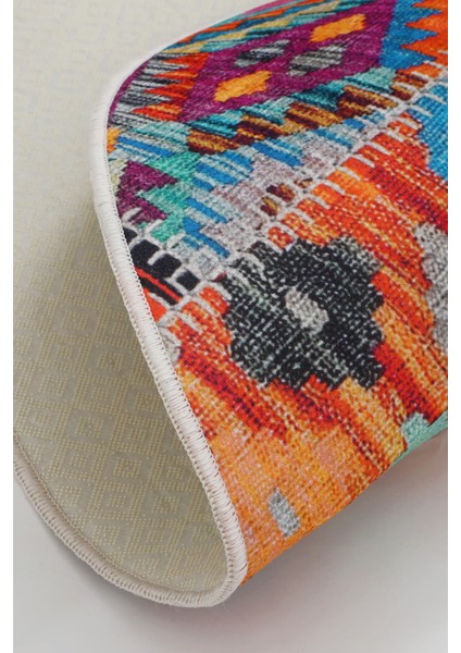 Dijidekor 9010 Patchwork Temalı Saçaksız Dijital Oval Halı Kaymaz Yıkanabilir Iskandinav Yolluk 180X450