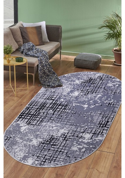 8881 Gri Siyah Saçaksız Dijital Oval Halı Kaymaz Yıkanabilir Iskandinav Yolluk 200X450