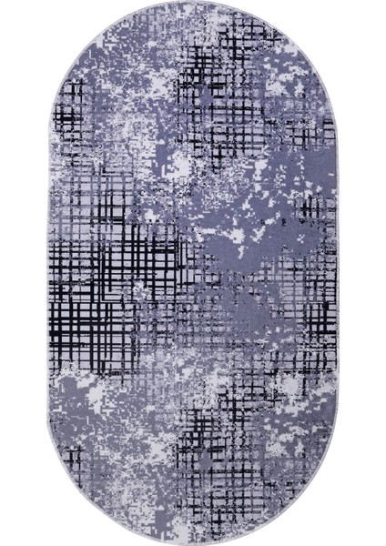 8881 Gri Siyah Saçaksız Dijital Oval Halı Kaymaz Yıkanabilir Iskandinav Yolluk 200X450