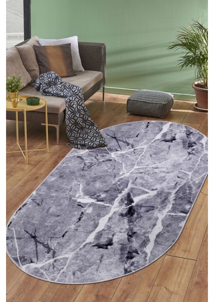 Granit Gri Saçaksız Dijital Oval Halı Kaymaz Yıkanabilir Iskandinav Yolluk 100X50