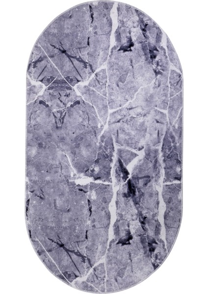 Granit Gri Saçaksız Dijital Oval Halı Kaymaz Yıkanabilir Iskandinav Yolluk 100X50