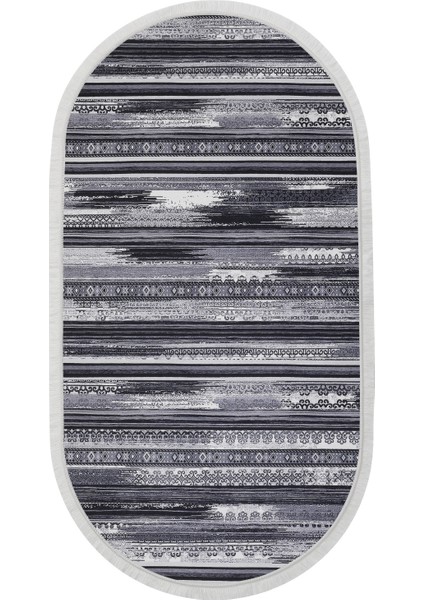 Dijidekor Köln Gri Saçaklı Dijital Oval Halı Kaymaz Yıkanabilir Iskandinav Yolluk 180X350