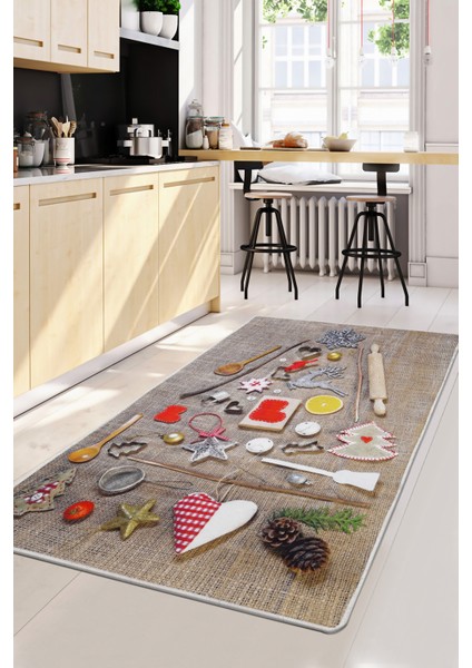 Kahve Mutfak Halısı Saçaksız Dijital Halı Kaymaz Yıkanabilir Iskandinav 80X300