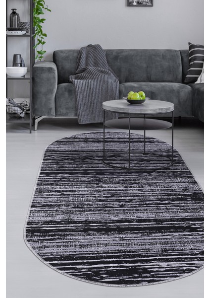 YM4700 Gri Siyah Saçaksız Dijital Oval Halı Kaymaz Yıkanabilir Iskandinav Yolluk 140X400
