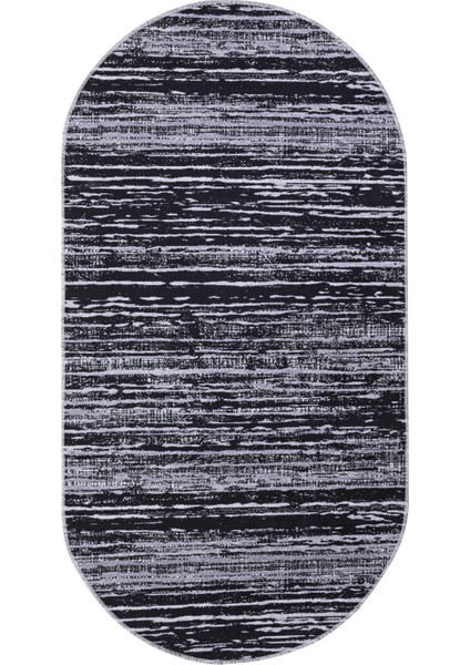 YM4700 Gri Siyah Saçaksız Dijital Oval Halı Kaymaz Yıkanabilir Iskandinav Yolluk 140X400