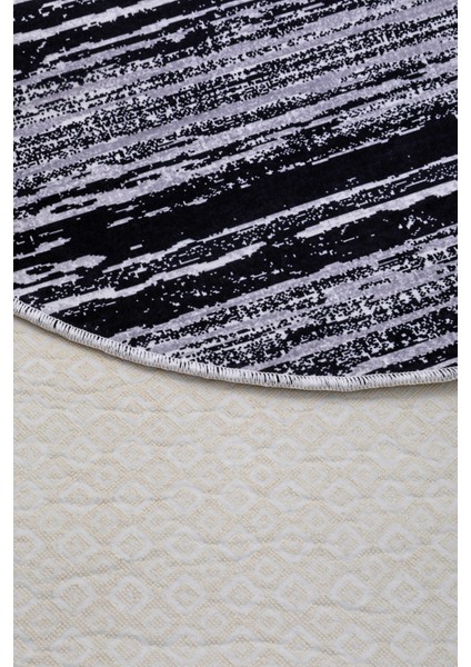 YM4700 Gri Siyah Saçaksız Dijital Oval Halı Kaymaz Yıkanabilir Iskandinav Yolluk 140X400