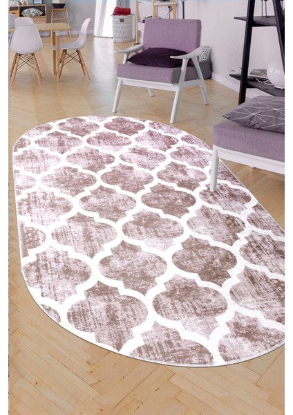 Maça Bej Saçaksız Dijital Oval Halı Kaymaz Yıkanabilir Iskandinav Yolluk 200X200