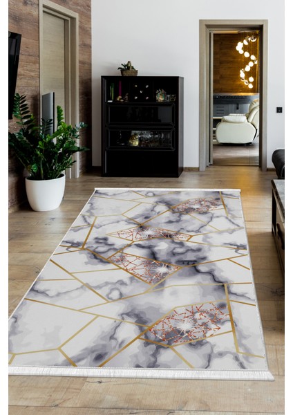 Dijidekor Gold Kristal Saçaklı Dijital Halı Kaymaz Yıkanabilir Iskandinav Yolluk 120X300