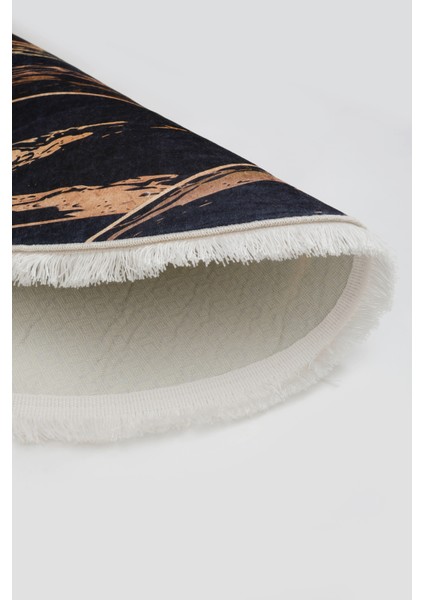 Dijidekor Siyah Gold Saçaklı Dijital Oval Halı Kaymaz Yıkanabilir Iskandinav Yolluk 40X60