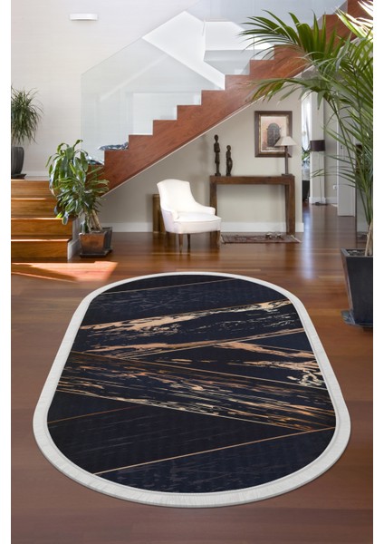 Dijidekor Siyah Gold Saçaklı Dijital Oval Halı Kaymaz Yıkanabilir Iskandinav Yolluk 80X550