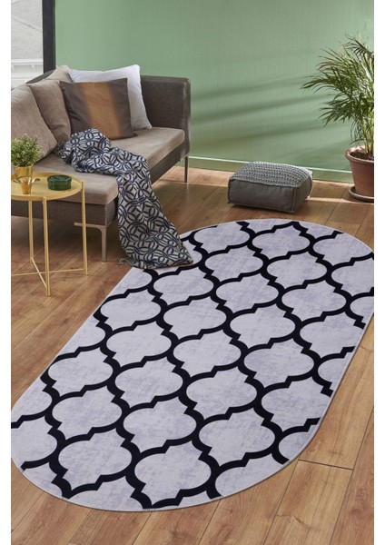 Dijidekor Maça Gri Saçaksız Dijital Oval Halı Kaymaz Yıkanabilir Iskandinav Yolluk 180X350