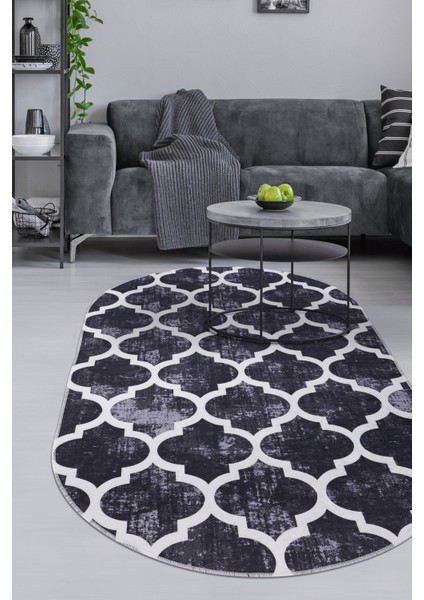 Dijidekor Maça Siyah Saçaksız Dijital Oval Halı Kaymaz Yıkanabilir Iskandinav Yolluk 200X200