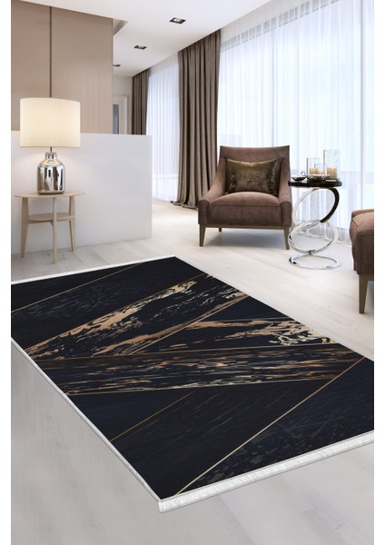 Dijidekor Siyah Gold Saçaklı Dijital Halı Kaymaz Yıkanabilir Iskandinav Yolluk 180X450