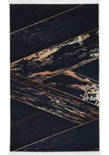 Dijidekor Siyah Gold Saçaklı Dijital Halı Kaymaz Yıkanabilir Iskandinav Yolluk 180X450