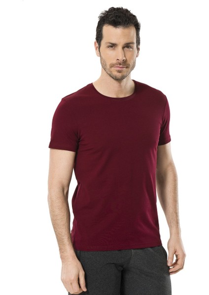 Erkek Bisiklet Yaka Likralı T-shirt Bordo