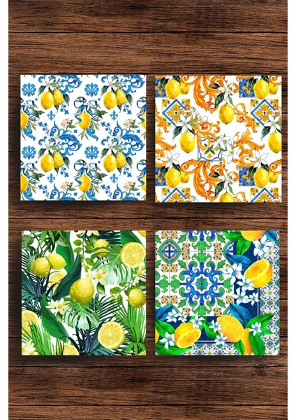 Baskılı Doğaltaş Bardak Altlığı 4'lü Set - Doğal Taş Bardak Altı Limon Desenleri
