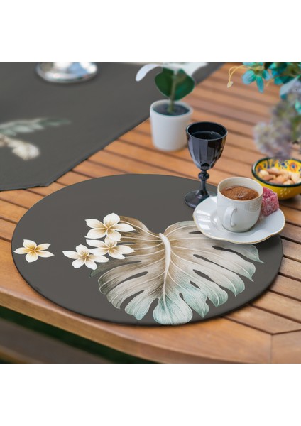 Koyu Gri Zeminli Renkli Tropik Yaprak Motifli Supla Runner Set