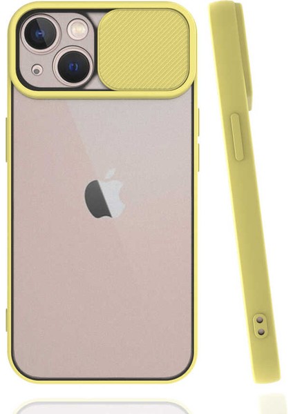 - Apple iPhone 13 Mini - Kılıf Slayt Sürgülü Arkası Buzlu Lensi Kapak - Sarı