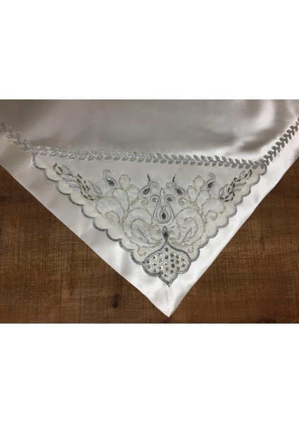 El işlemesi Cam Boncuklu Saten Kumaş Beyaz/Gümüş Gelin Bohçası 90*90 cm Kare - 483 modelleri