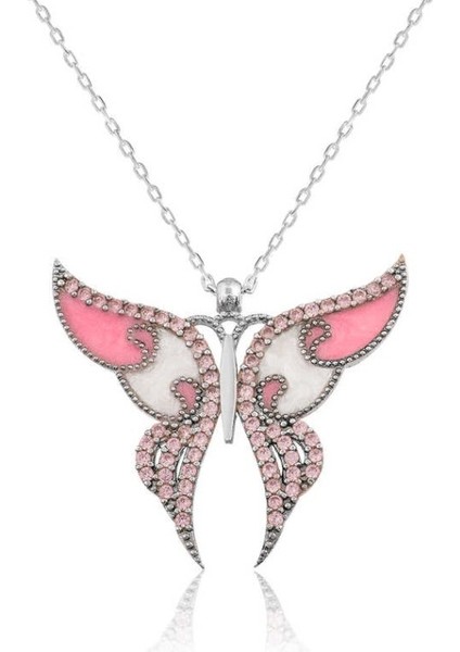Kelebek Pembe Mine 925 Ayar Gümüş Kolye