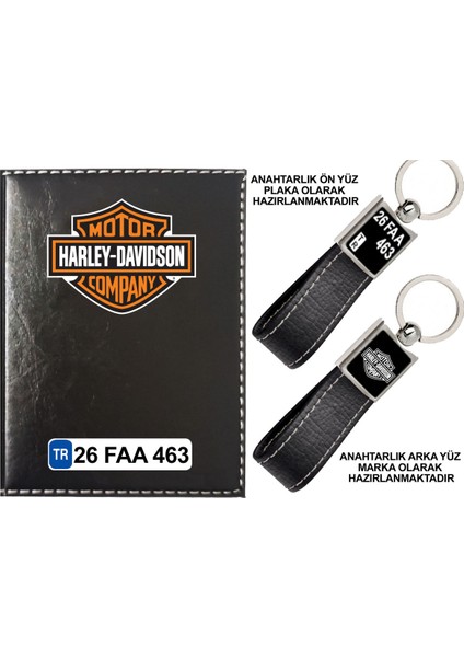 Plakanıza Özel Harley Davıdson Logolu Siyah Ruhsat Kabı ve Anahtarlık
