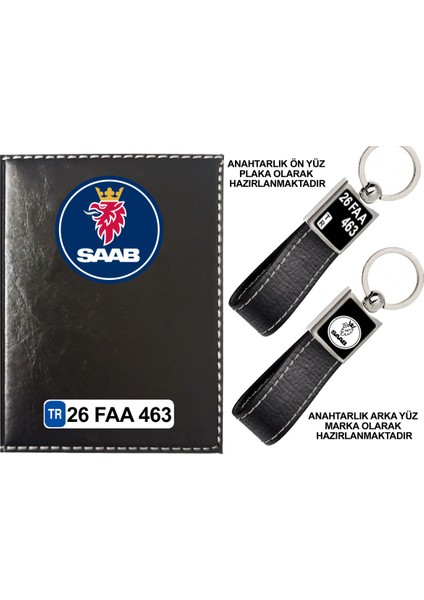 Plakanıza Özel Saab Logolu Siyah Ruhsat Kabı ve Anahtarlık