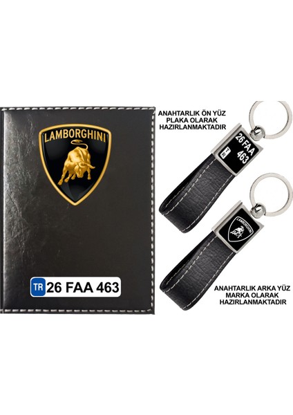 Plakanıza Özel Lamborghını Logolu Siyah Ruhsat Kabı ve Anahtarlık