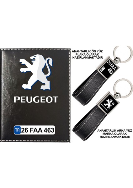 Plakanıza Özel Peugeot Logolu Siyah Ruhsat Kabı ve Anahtarlık