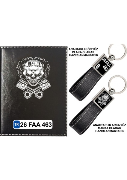 Plakanıza Özel Iskelet Logolu Siyah Ruhsat Kabı ve Anahtarlık