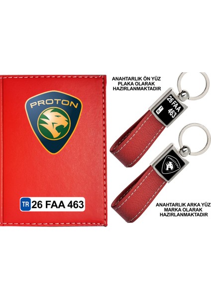 Plakanıza Özel Proton Logolu Kırmızı Ruhsat Kabı ve Anahtarlık