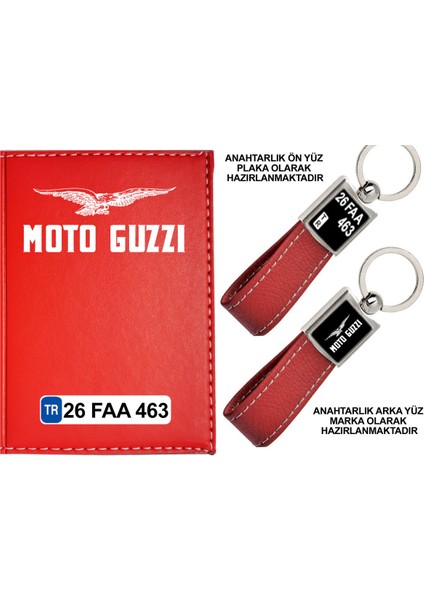 Plakanıza Özel Motoguzzi Logolu Kırmızı Ruhsat Kabı ve Anahtarlık