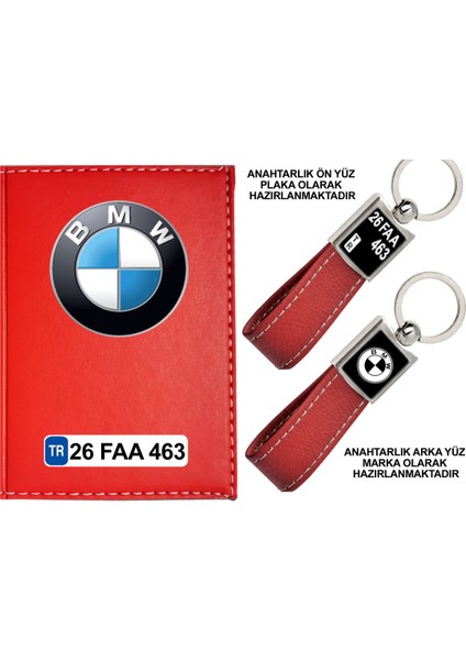 Plakanıza Özel Bmw Logolu Kırmızı Ruhsat Kabı ve Anahtarlık